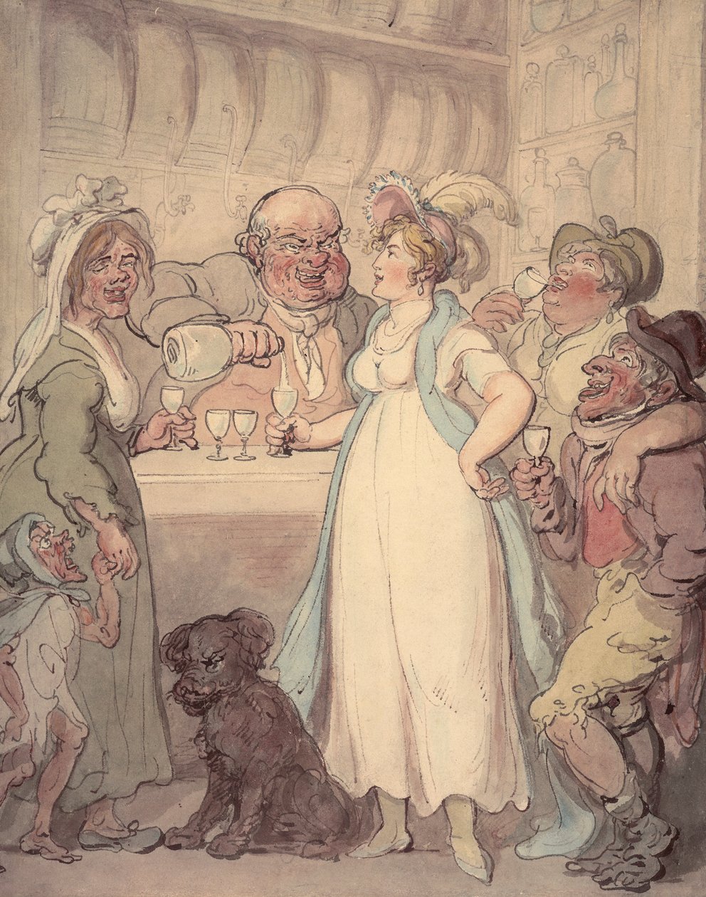 Nuori viehättävä nainen tutustuu ginin juomisen "nautuihin", c1810 tekijältä Thomas Rowlandson