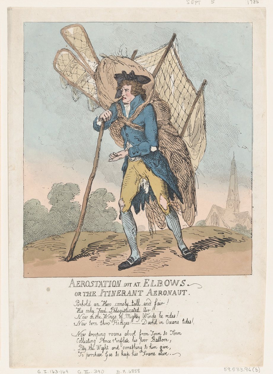 Aerostation out at Elbows, or The Itinerant Aeronaut, 5.9.1785., 5.9.1785. tekijältä Thomas Rowlandson