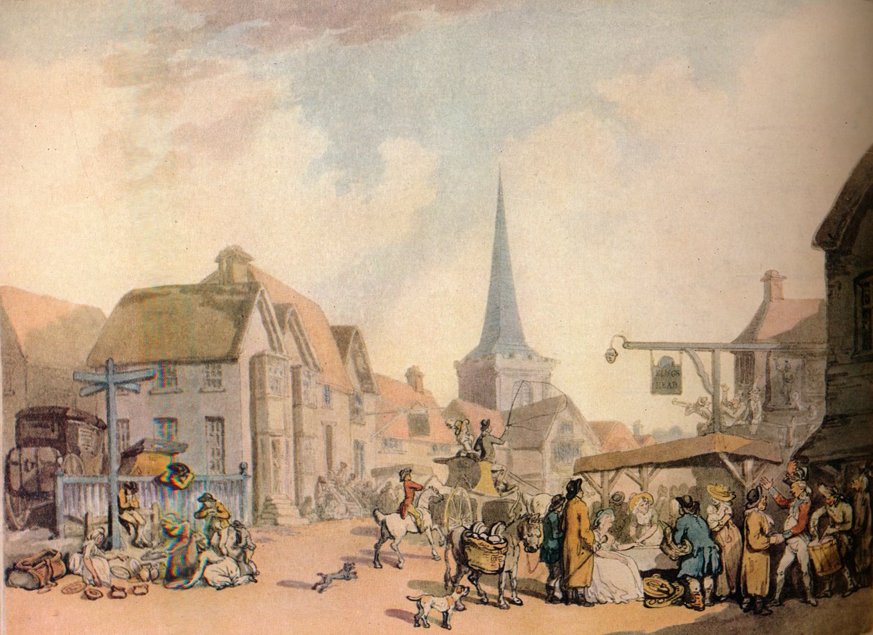 Vanha englantilainen kyläkohtaus, 1700-luku. 1941 tekijältä Thomas Rowlandson