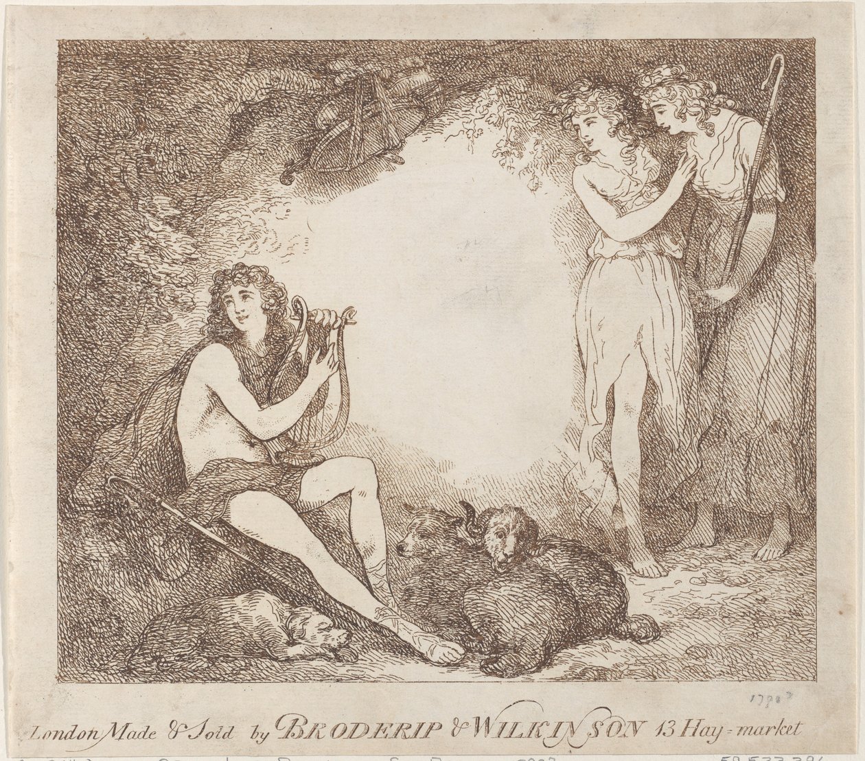 Apollo, Lyra ja Daphne Kauppakortti, joka kuvaa Marian, oopperaa, 1797-99, 1797-99. tekijältä Thomas Rowlandson