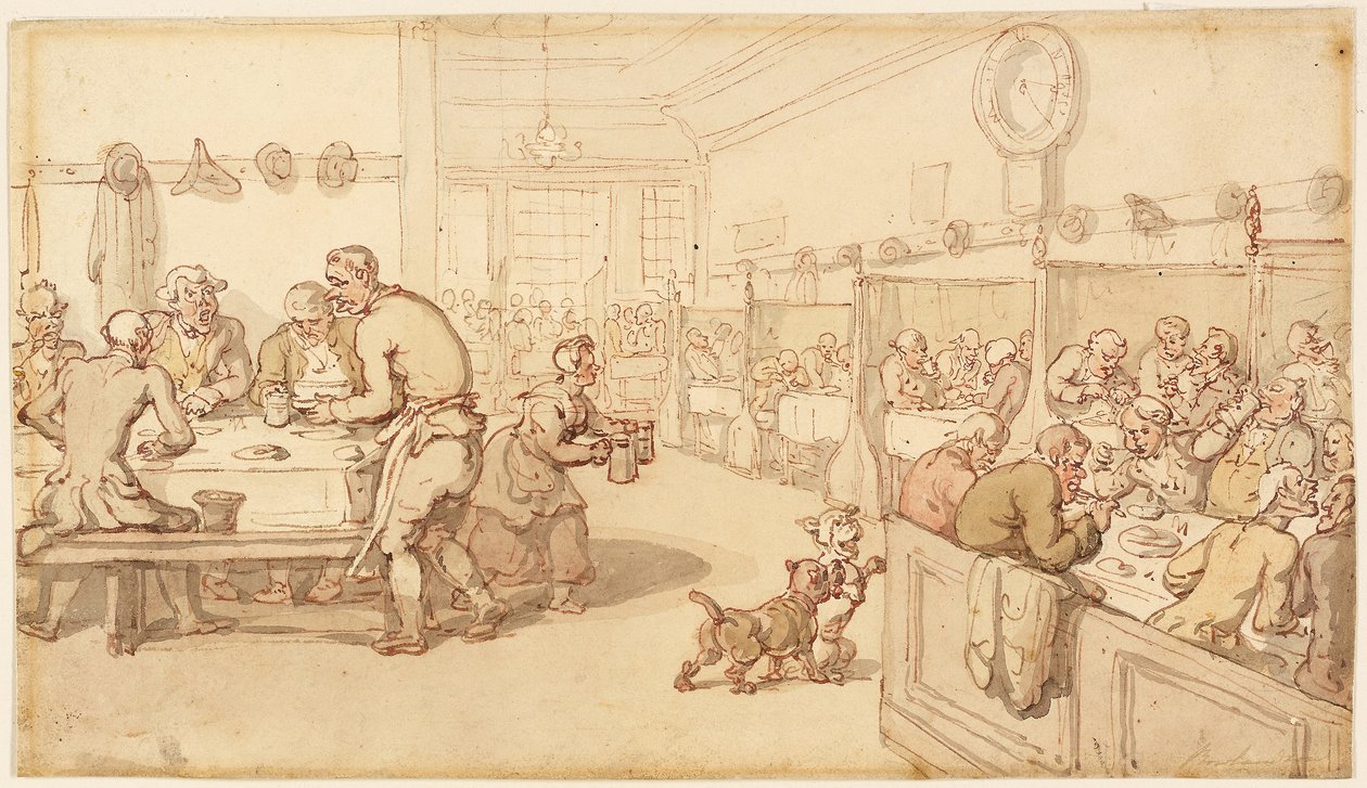 At an Old English Eating House (kynä ja punainen muste, sivellin ja akvarelli grafiitin päälle, kermanväriselle paperiarkille). tekijältä Thomas Rowlandson
