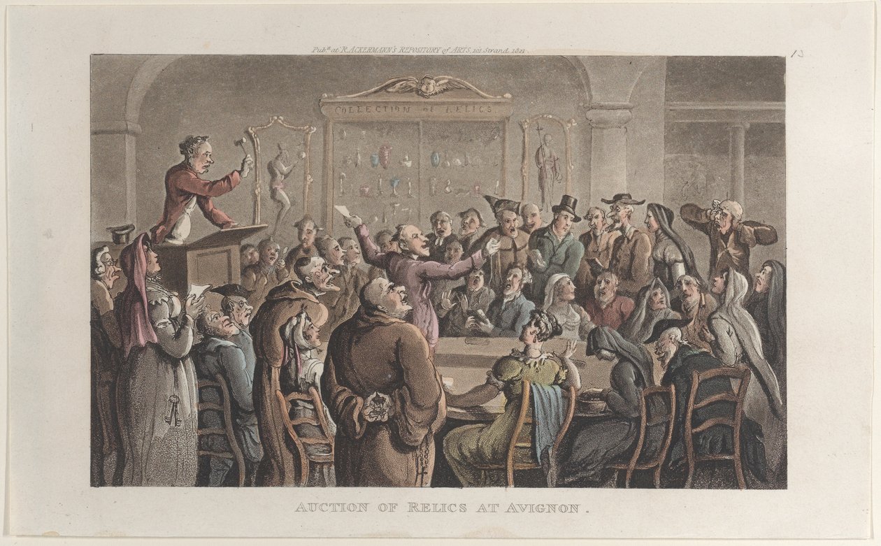Reliiktien huutokauppa Avignonissa, Journal of Sentimental Travels in the Southern Provinc..., 1821. tekijältä Thomas Rowlandson