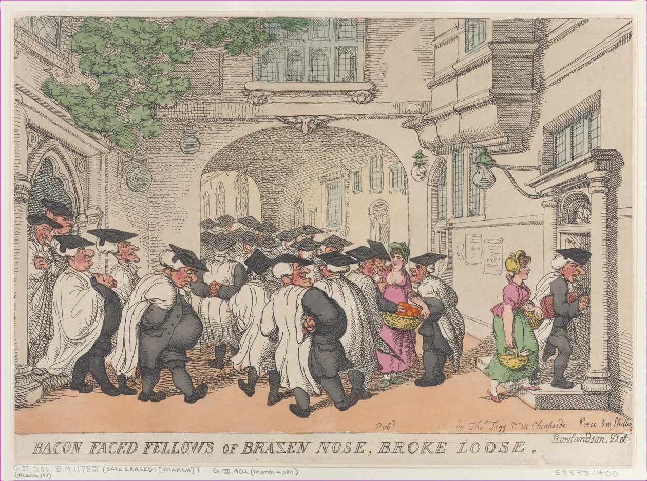 Bacon Faced Fellows of Brazen Nose, Broke Loose, 1811, 1811. tekijältä Thomas Rowlandson