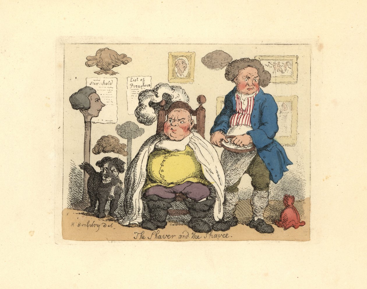 Parturi ja asiakas peruukkeilla koristellussa parturissa. tekijältä Thomas Rowlandson