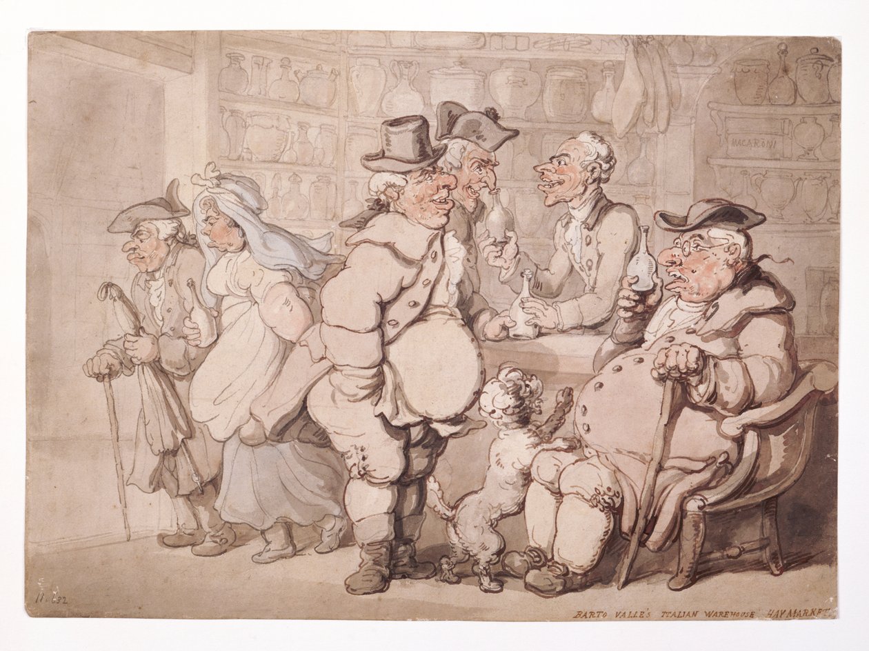 "Barto Vallen Italian Warehouse-Haymarket", Westminsterin kaupunki, Lontoo, ennen vuotta 1827. tekijältä Thomas Rowlandson
