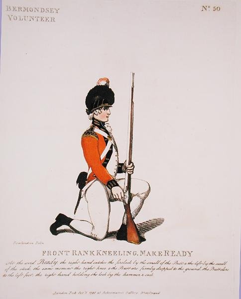 Bermondsey Volunteer, levy 50 julkaisusta "Loyal Volunteers of London and Environs", julkaistu 1798 (väri litho) tekijältä Thomas Rowlandson