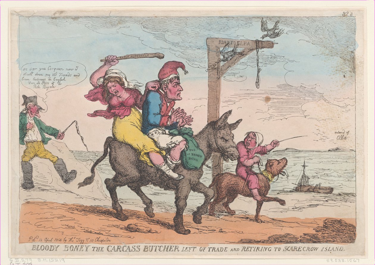 Bloody Boney, teurastaja jätti kaupat ja vetäytyi Scarecrow Islandille..., 12. huhtikuuta 1814. tekijältä Thomas Rowlandson