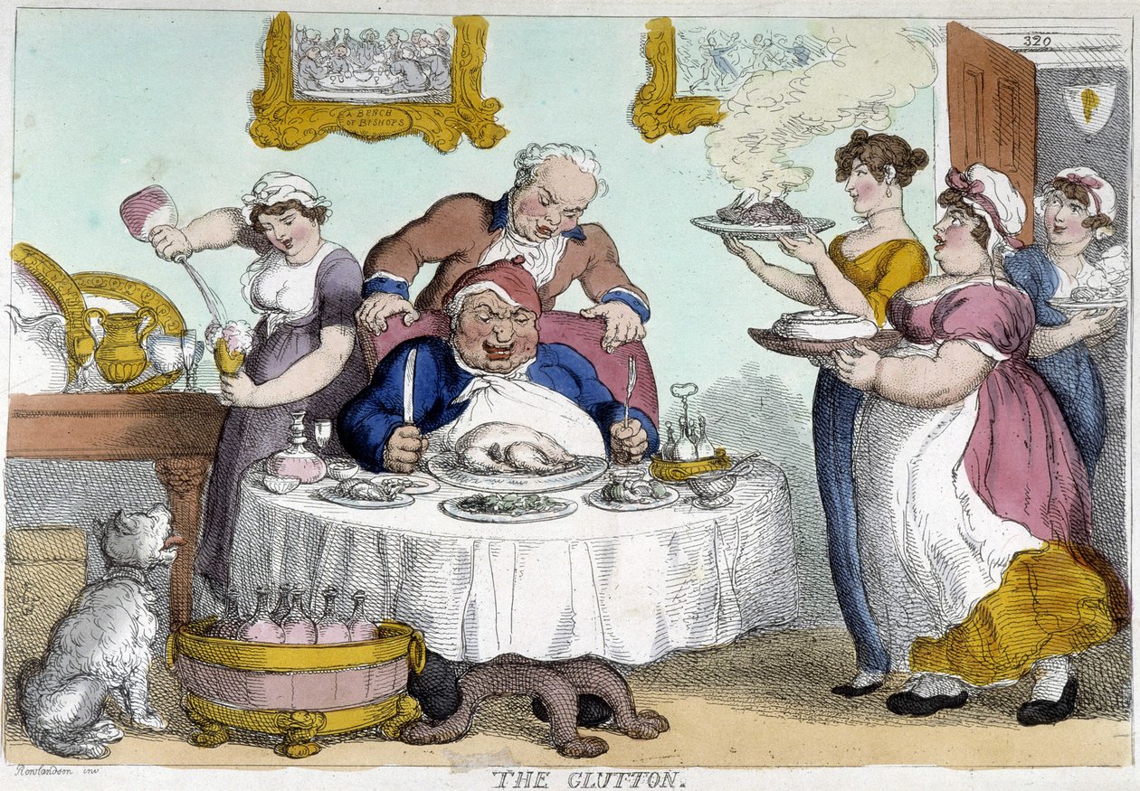 Porvaristo monien palvelijoiden tarjoaman runsaan aterian edessä - Rowlandsonin pilakuva tekijältä Thomas Rowlandson