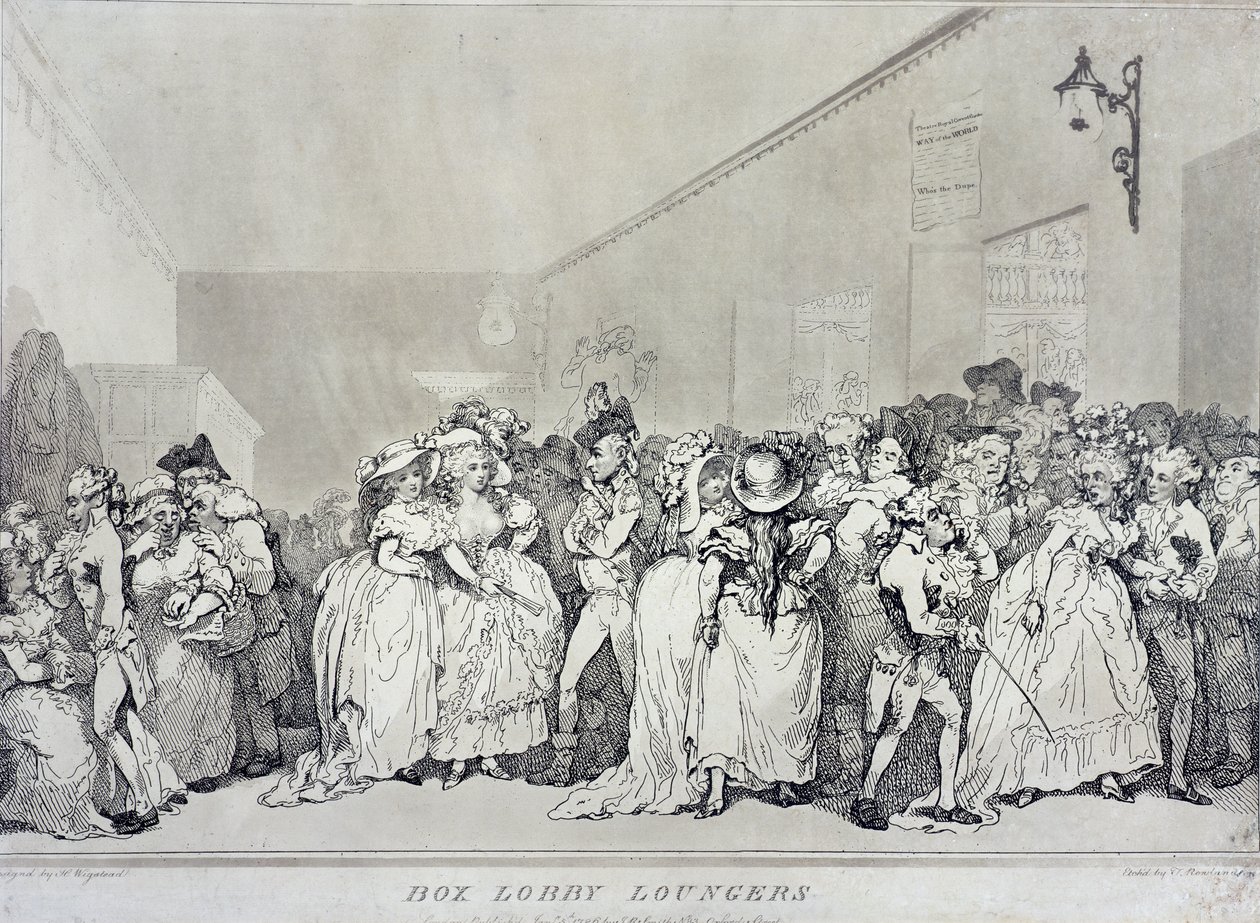 Box Lobby Loungers, Rowlandsonin kaiverrus Henry Wigsteadin (n.1745-93) suunnitelman mukaan, julkaisija John Raphael Smith, 1786 (seepia etsaus). tekijältä Thomas Rowlandson