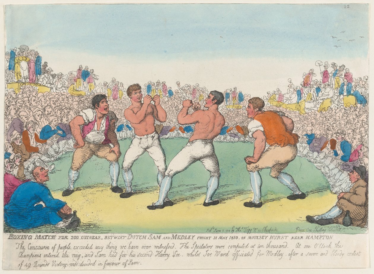 Nyrkkeilyottelu 200 Guinealle, Betwixt Dutch Sam ja Medley, taisteltiin 31. toukokuuta 1810,... 5. kesäkuuta 1810. tekijältä Thomas Rowlandson