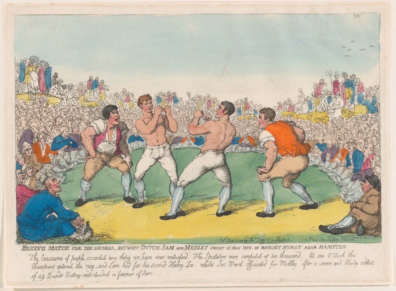 Nyrkkeilyottelu 200 Guinealle, Betwixt Dutch Sam ja Medley taistelivat 31. toukokuuta 1810, ..., 5. kesäkuuta 1810. tekijältä Thomas Rowlandson