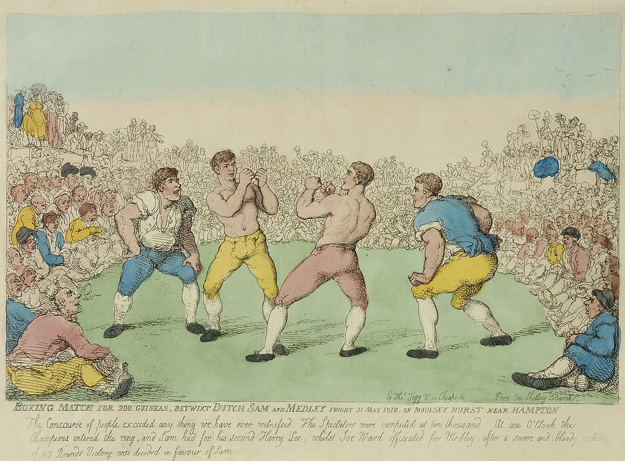 Nyrkkeilyottelu 200 Guinealle hollantilaisen Samin ja Medleyn välillä (värillinen etsaus) tekijältä Thomas Rowlandson