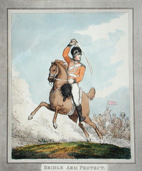 Bridle Arm Protect, Unkarin ja Highland Broadswordista, julkaistu 1798 (akvatinta) tekijältä Thomas Rowlandson