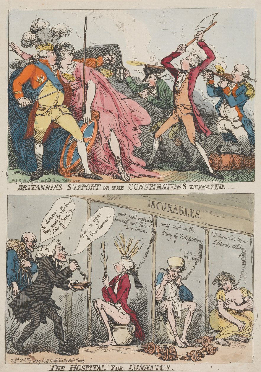 Britannian tuki vai salaliittolaisten tappio – Mielisairaala tekijältä Thomas Rowlandson