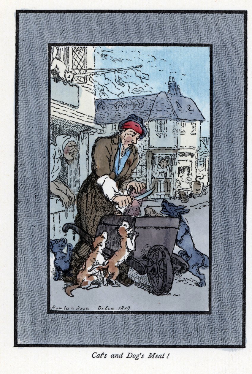 Lihaa leikkaava teurastaja sanoi, että koirat ja kissat hyökkäävät hänen kottikärrynsä pyörään. Puukaiverrus, joka perustuu Thomas Rowlandsonin (1756-1827) maalaukseen, julkaistu Lontoon kriisissä: kuusi viehättävää lasta ja lähes 40 kuvitusta tekijältä Thomas Rowlandson