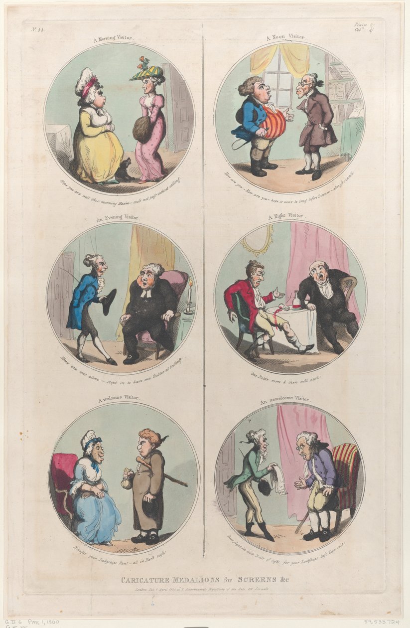Karikatyyrimedalionit näytöille yms: A Morning Visitor, An Evening Visitor, A We..., 1. huhtikuuta 1800. tekijältä Thomas Rowlandson