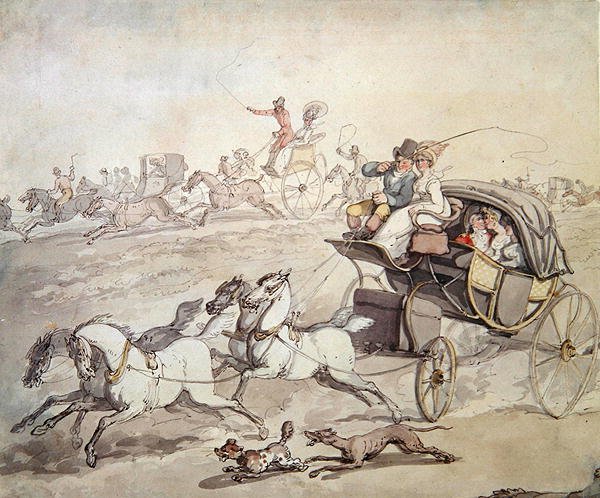 Kärryt ja ratsastajat täydellä nopeudella Across Open Grasslandissa, n. 1800 (kynä ja muste pesulla paperille) tekijältä Thomas Rowlandson