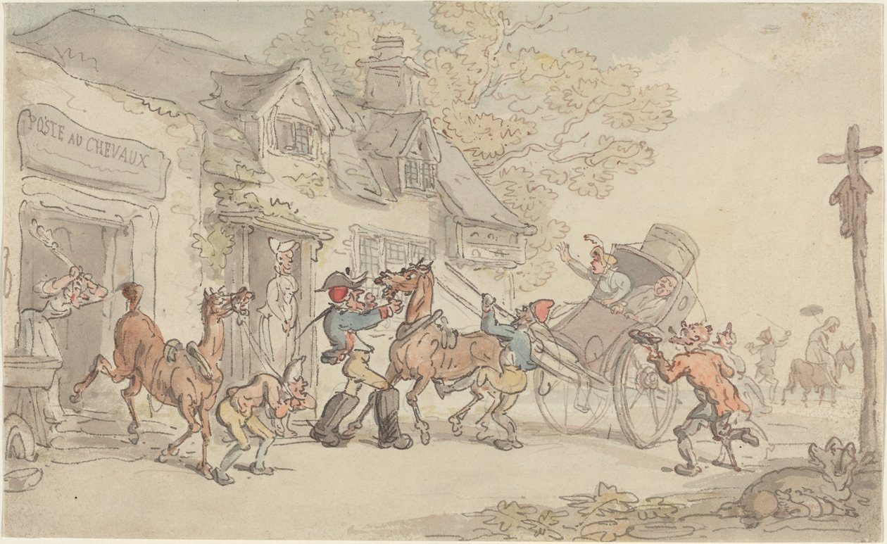 Hevosten vaihto postitalossa Ranskassa tekijältä Thomas Rowlandson