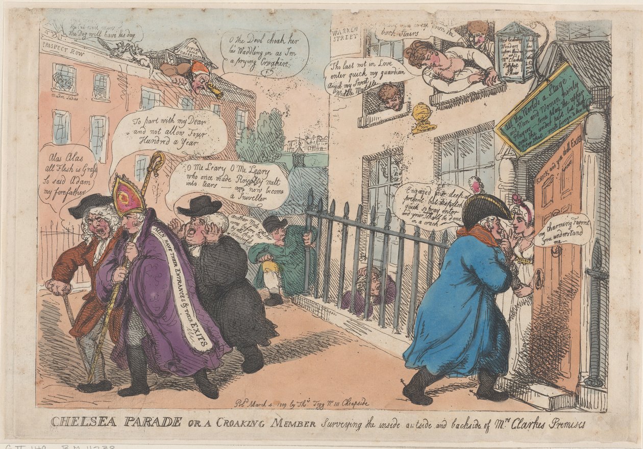 Chelsea Parade tai huutava jäsen, joka tutkii ... sisältä ja ulkoa, 4. maaliskuuta 1809. tekijältä Thomas Rowlandson