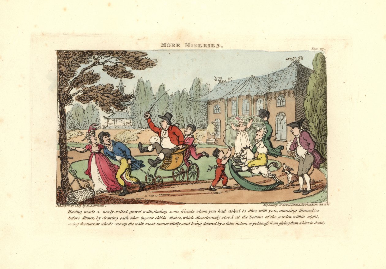 Lapset leikkivät kärryillä leikkaamassa vastavalssattua soraa tekijältä Thomas Rowlandson