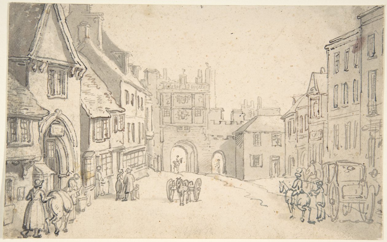 Kaupunkinäkymä, jossa näkyy keskiaikainen portti (mahdollisesti York) tekijältä Thomas Rowlandson