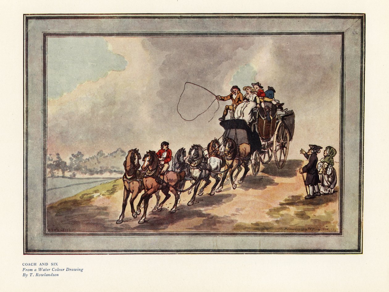 Valmentaja ja kuusi hevosta matkustajien ja matkatavaroiden kanssa katolla tekijältä Thomas Rowlandson