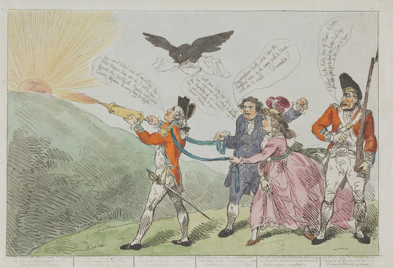 Eversti Topham yrittää poikansa avulla tukahduttaa Holmanin nerokkuuden tekijältä Thomas Rowlandson