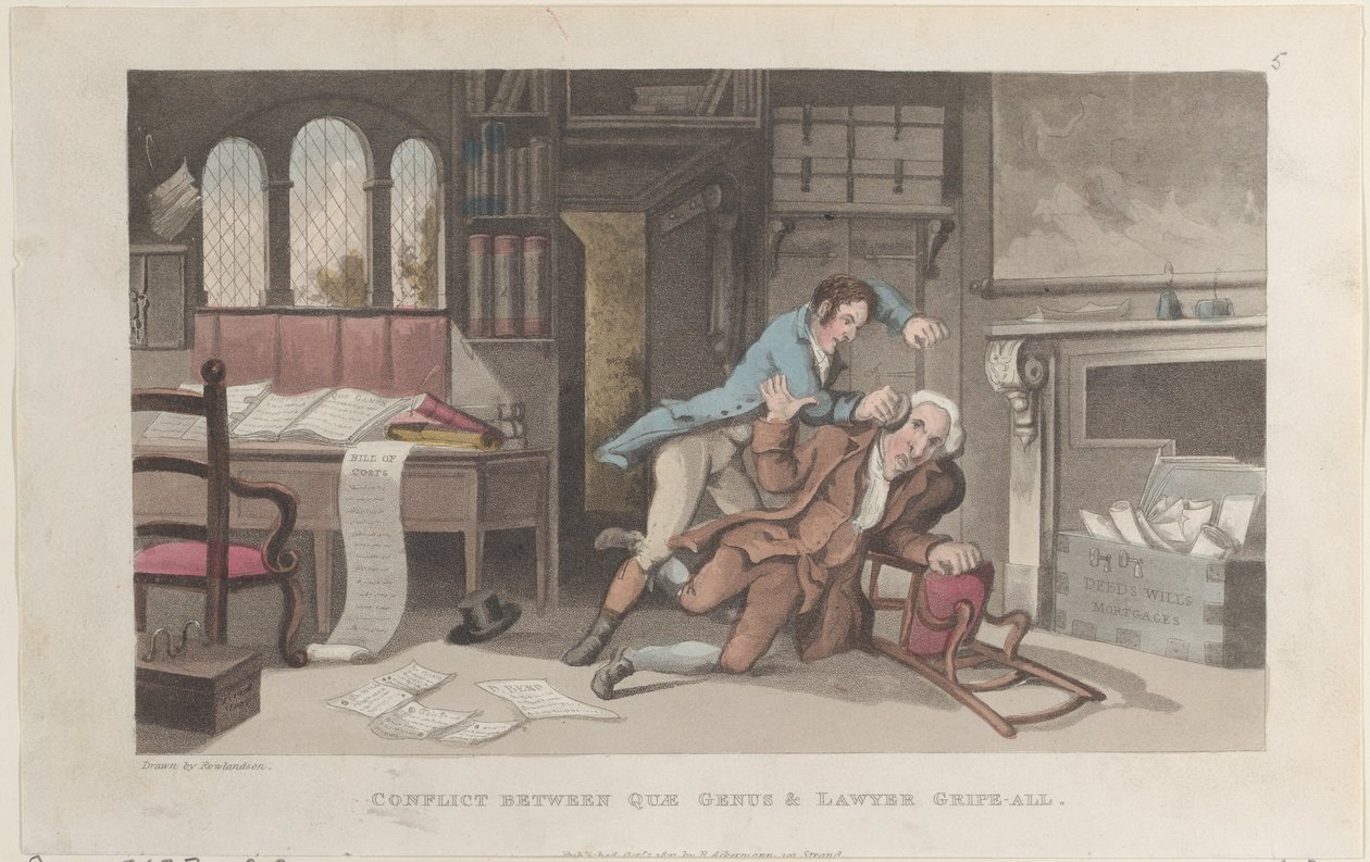 Conflict Between Quae Genus ja Lawyer Gripe-all, The History of Johnny Q..., 1. lokakuuta 1821. tekijältä Thomas Rowlandson