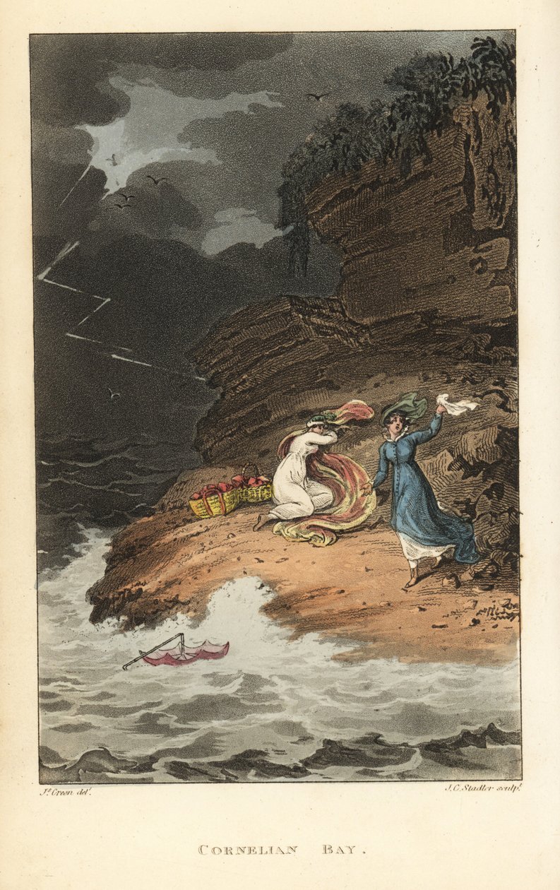 Cornelian Bay: Regency-naiset piknikillä yllättyvät äkillisestä myrskystä. Käsinvärinen kuparikaiverrus Thomas Rowlandson, akvatinta J.C. Stadler, J. Greenin luonnoksen perusteella teoksesta Poetical Sketches of Scarborough, Ackermann, Lontoo tekijältä Thomas Rowlandson