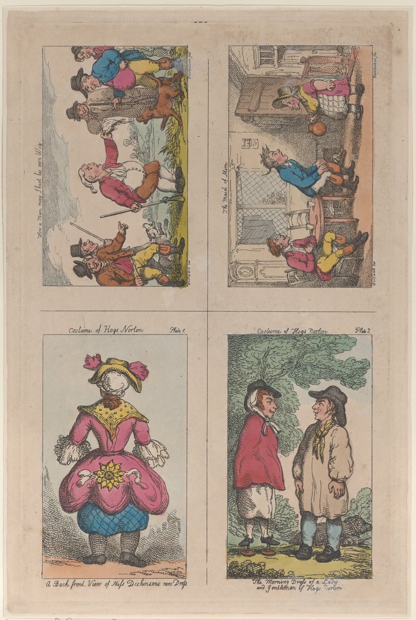 Hogs Nortonin puku, Kuinka mies ampuu oman peruukkinsa ja Mimin piika, 1809, 1809. tekijältä Thomas Rowlandson