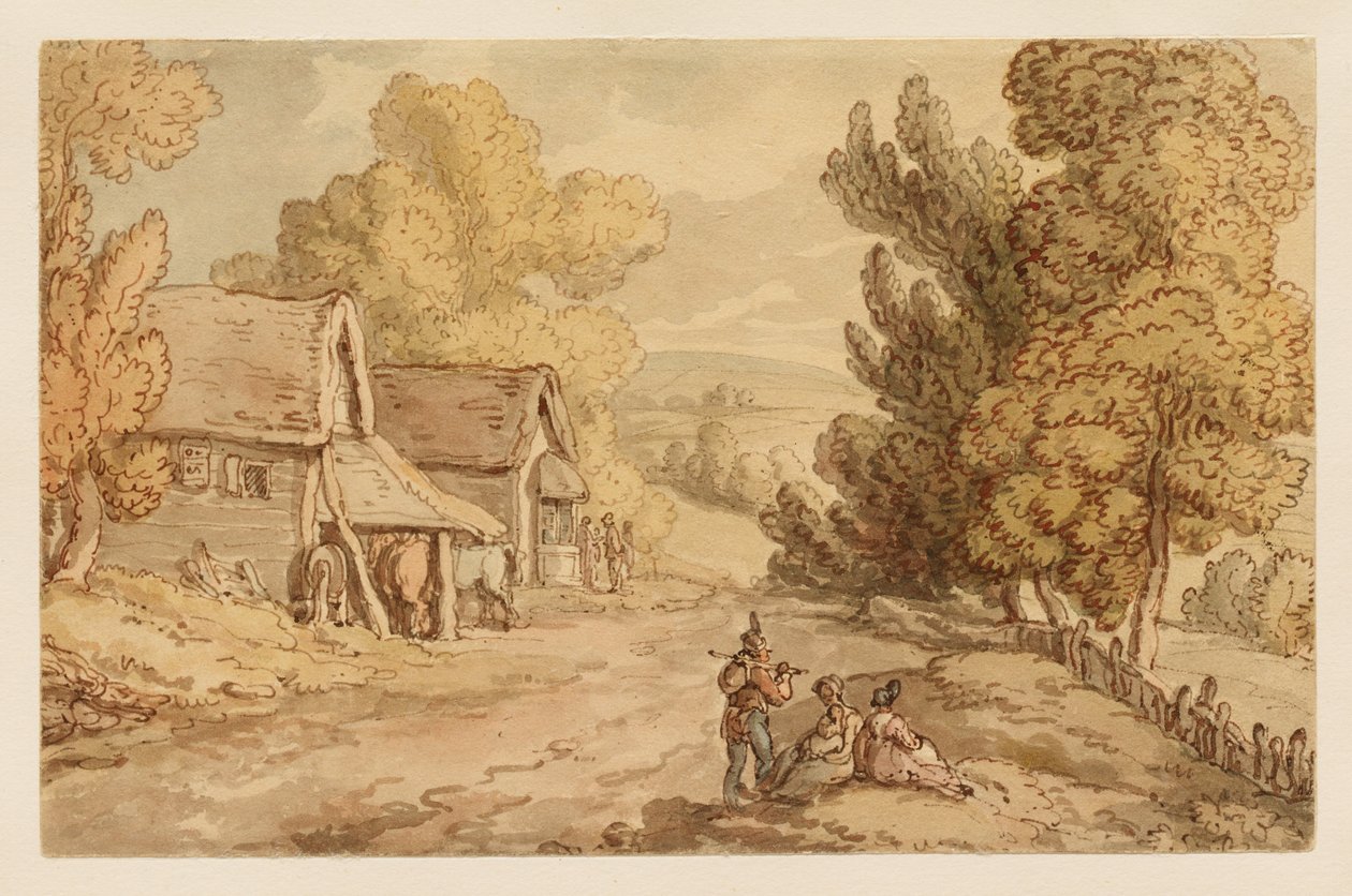 Mökki ja lato sekä maantien varrella lepäävät hahmot tekijältä Thomas Rowlandson