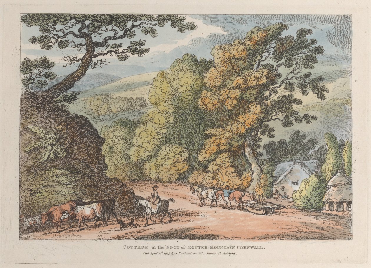 Mökki Cornwallin Router Mountainin juurella, Viewsista Cornwallissa, huhtikuu..., 12. huhtikuuta 1812. tekijältä Thomas Rowlandson