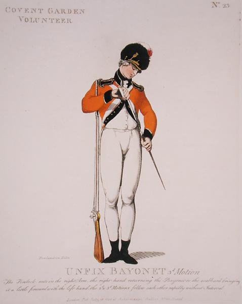 Covent Garden Volunteer, levy 23 julkaisusta "Loyal Volunteers of London and Environs", julkaistu 1798 (väri litho) tekijältä Thomas Rowlandson