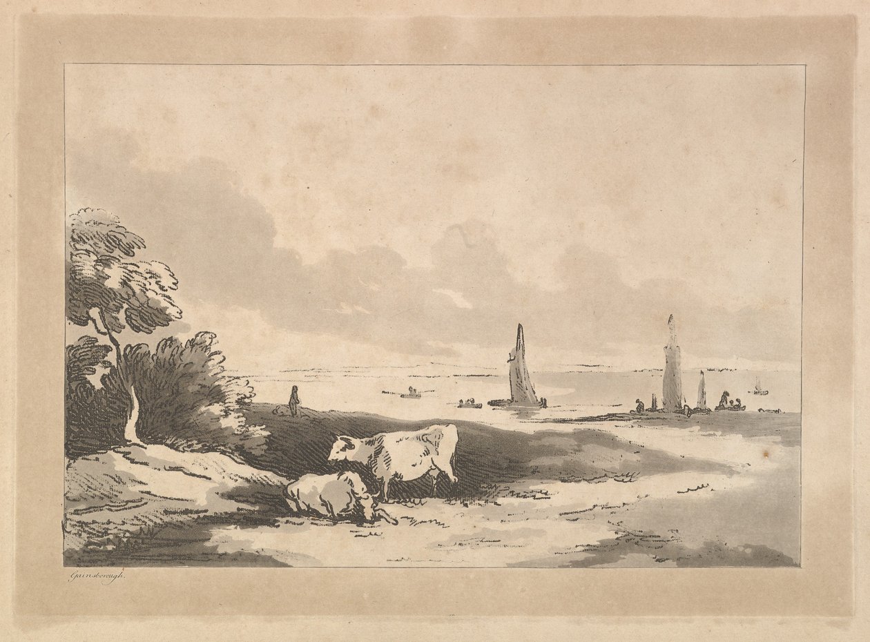 Lehmät ja merimaisema, 1783-89. tekijältä Thomas Rowlandson
