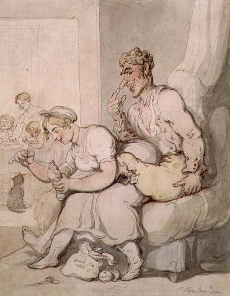 Darning The Sock (kynä ja muste, akvarelli) tekijältä Thomas Rowlandson