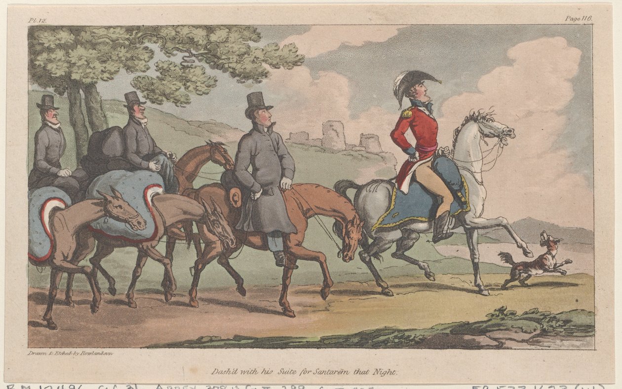 Ryntäsi sviittinsä kanssa Santaremiin sinä iltana elokuvasta The Military Adventures of Johnny New..., 1815. tekijältä Thomas Rowlandson