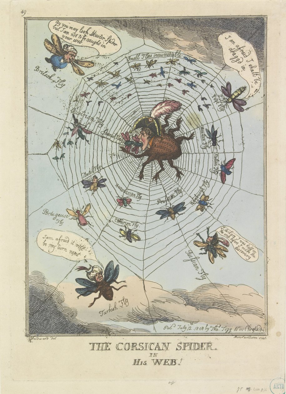 Korsikan hämähäkki verkossa, 1808 Korsikan hämähäkki verkossaan! (otsikko esineessä) tekijältä Thomas Rowlandson