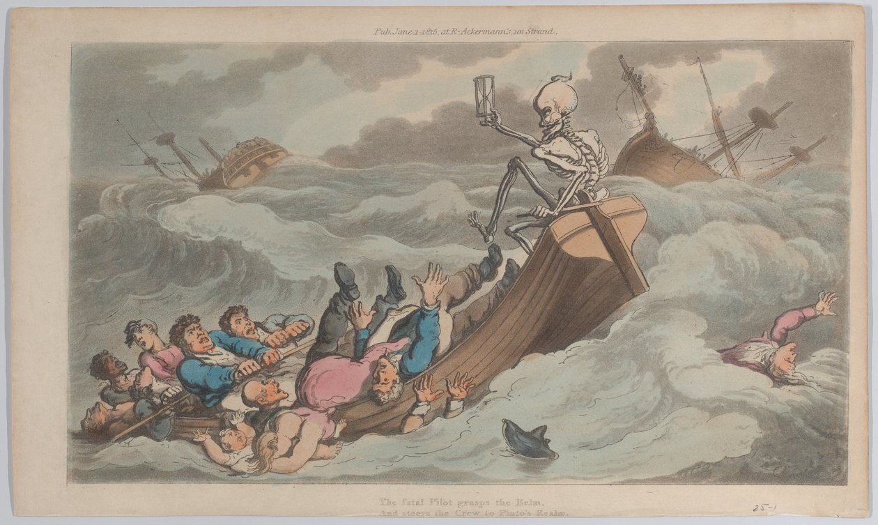 Death Turned Pilot julkaisusta The English Dance of Death, vol. II, pl. 9. 1. kesäkuuta 1815, 1. kesäkuuta 1815. tekijältä Thomas Rowlandson