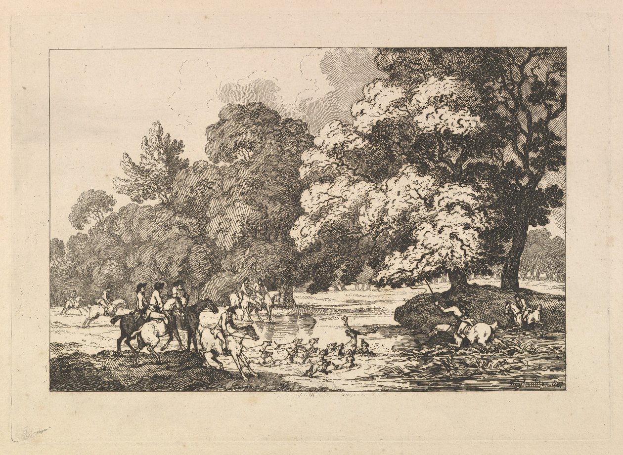 Hirvenmetsästys – Maisemakuva, jossa on uroshirvi ja koirat joen rannalla tekijältä Thomas Rowlandson