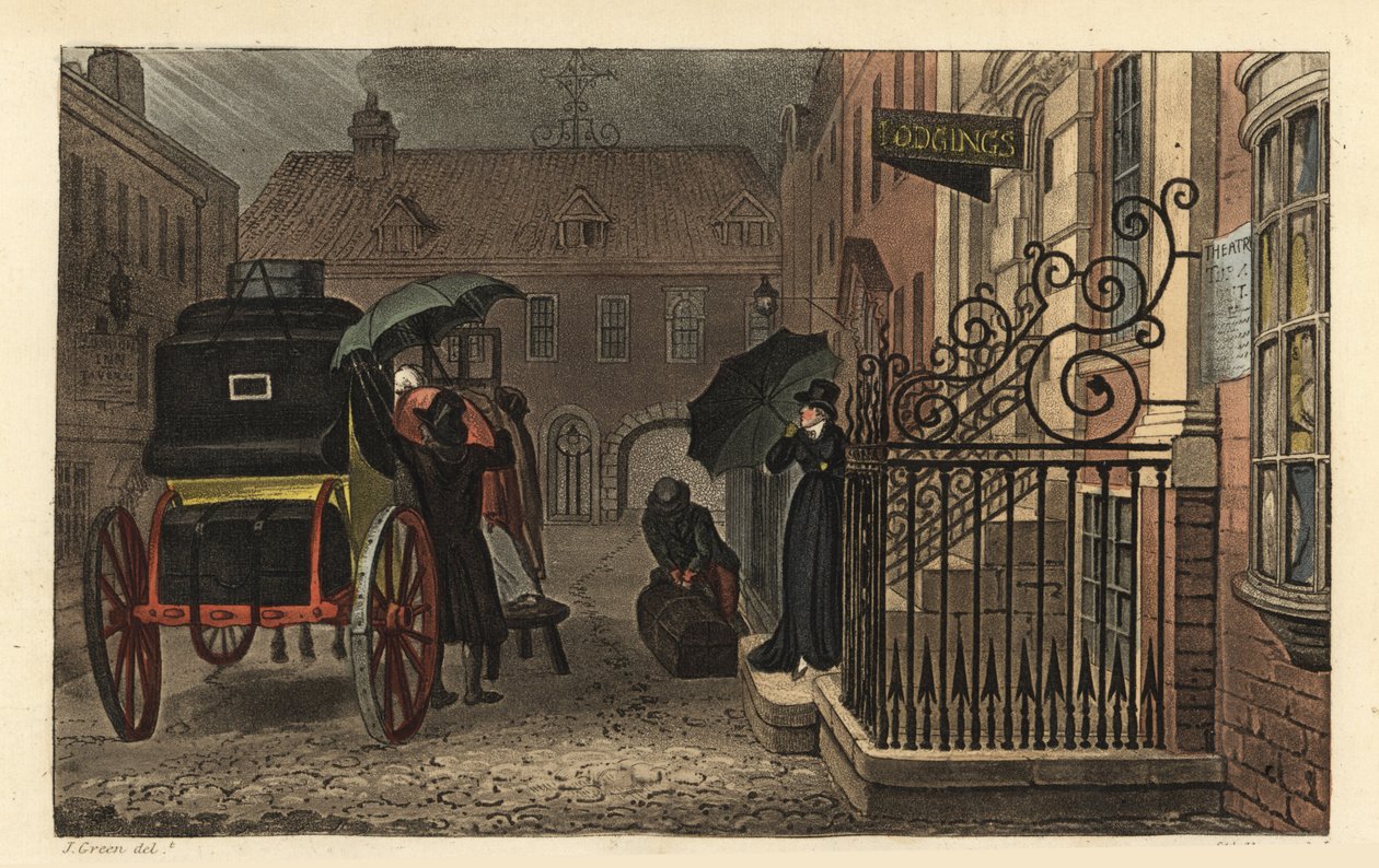 Lähtö: Turistit lastaamassa matkatavaroita vaunuihin hotellin edessä sateessa. Käsinvärinen kuparikaiverrus Thomas Rowlandson, akvatinta J.C. Stadler, J. Greenin luonnoksen perusteella teoksesta Poetical Sketches of Scarborough, Ackermann, Lontoo tekijältä Thomas Rowlandson