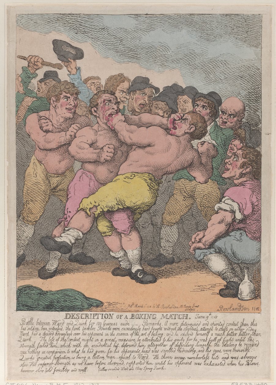 Kuvaus Wardin ja Quirkin välisestä nyrkkeilyottelusta 100 Guineaa vastaan, Marc..., 1. maaliskuuta 1812. tekijältä Thomas Rowlandson