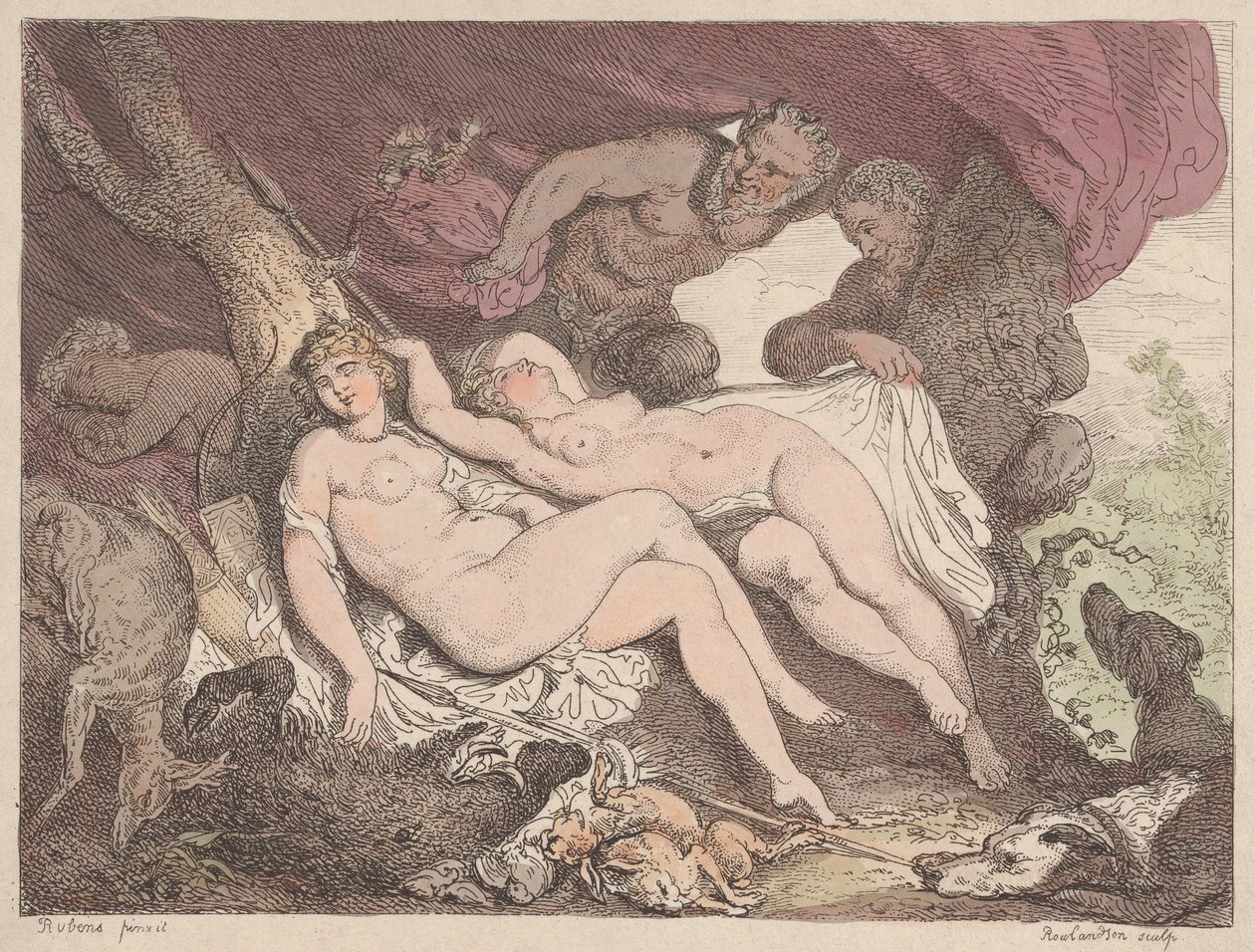 Diana ja hänen nymfinsä, joita Satyrs vakoilivat, 1790-1799, 1790-1799. tekijältä Thomas Rowlandson