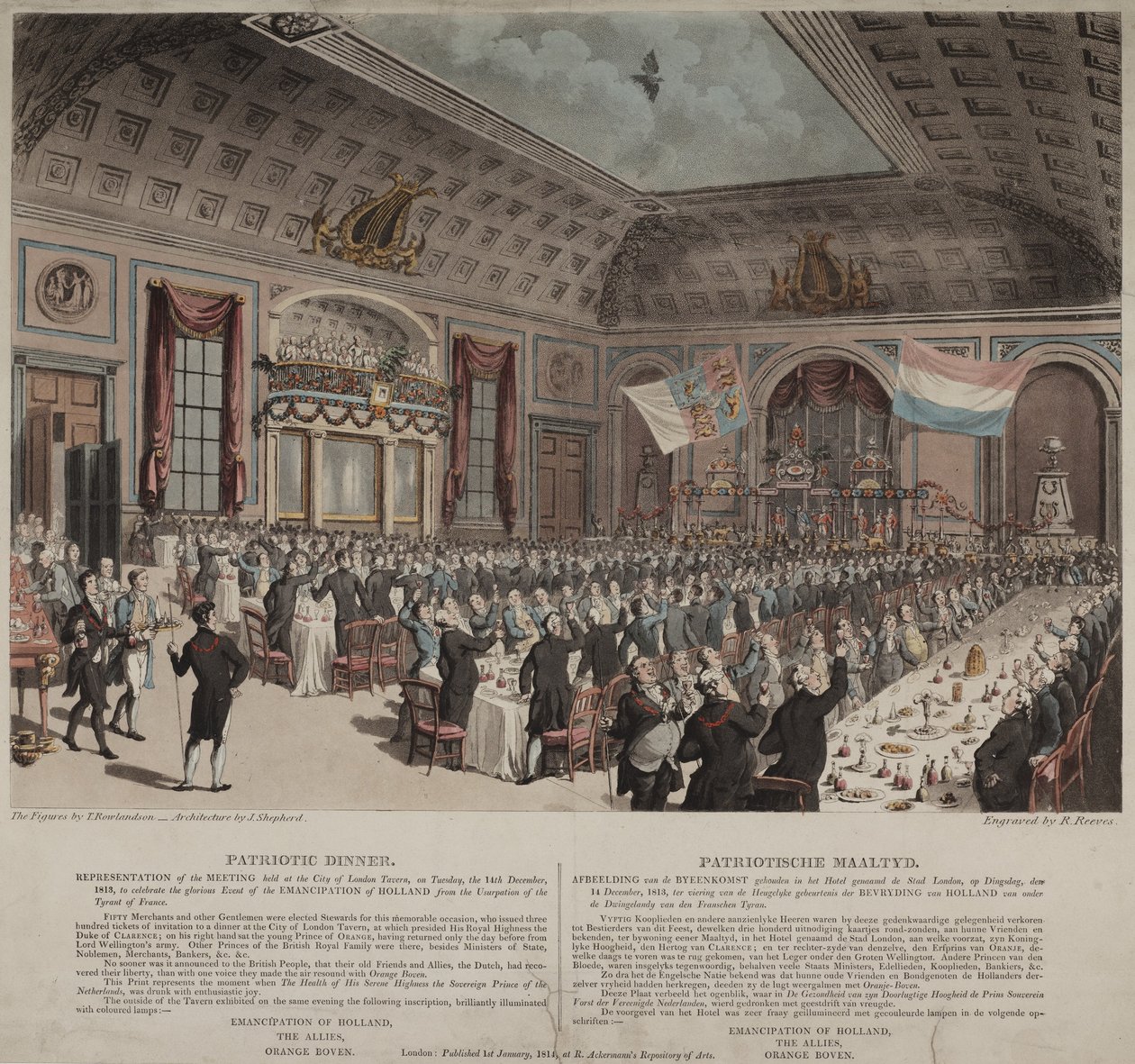 Illallinen Hollannin vapautumisen kunniaksi Ranskasta, City of London Tavern, Bishopsgate, 1814 (akvatinta) tekijältä Thomas Rowlandson