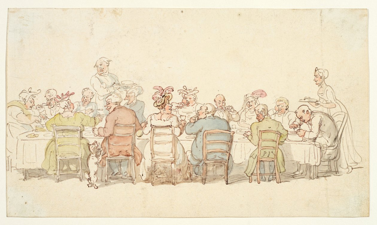 Illallisjuhlat, 1800-luku (grafiitti, kynä ja ruskea muste, akvarelli kudottupaperille) tekijältä Thomas Rowlandson