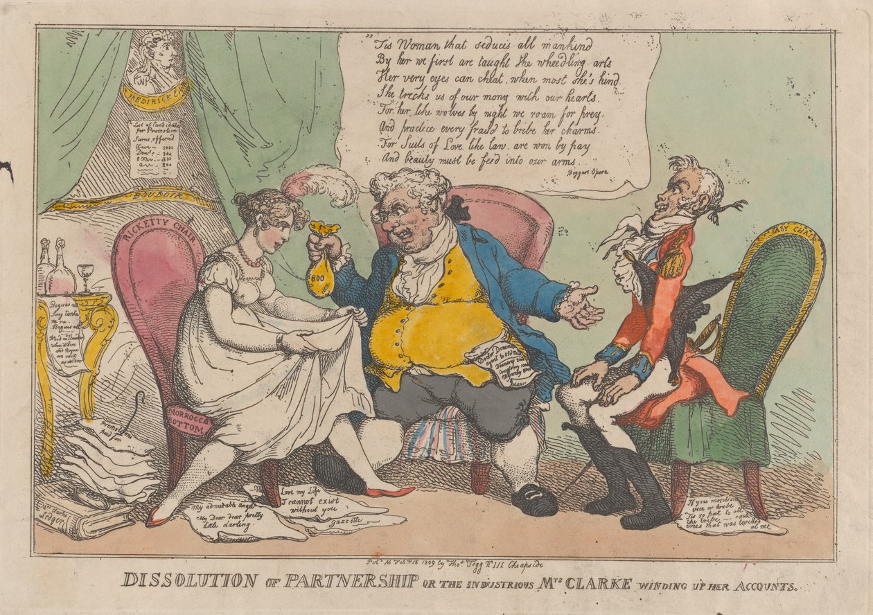 Yhteistyön purkaminen tai ahkera rouva Clarke lopettaa sopimuksensa, 15. helmikuuta 1809. tekijältä Thomas Rowlandson