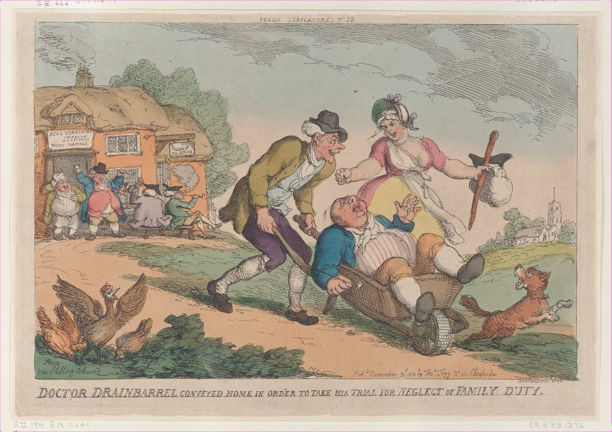 Tohtori Drainbarrel kuljetettiin kotiin ottaakseen oikeudenkäynnin Fa...:n laiminlyönnistä, 30. marraskuuta 1810. tekijältä Thomas Rowlandson