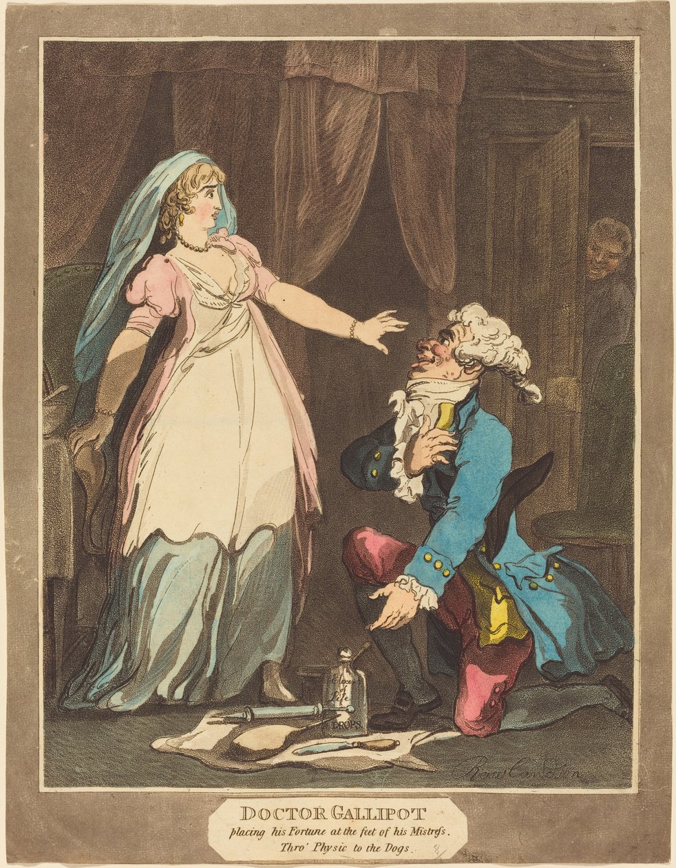 Tohtori Gallipot asettaa omaisuutensa rakastajattarensa jalkojen juureen tekijältä Thomas Rowlandson