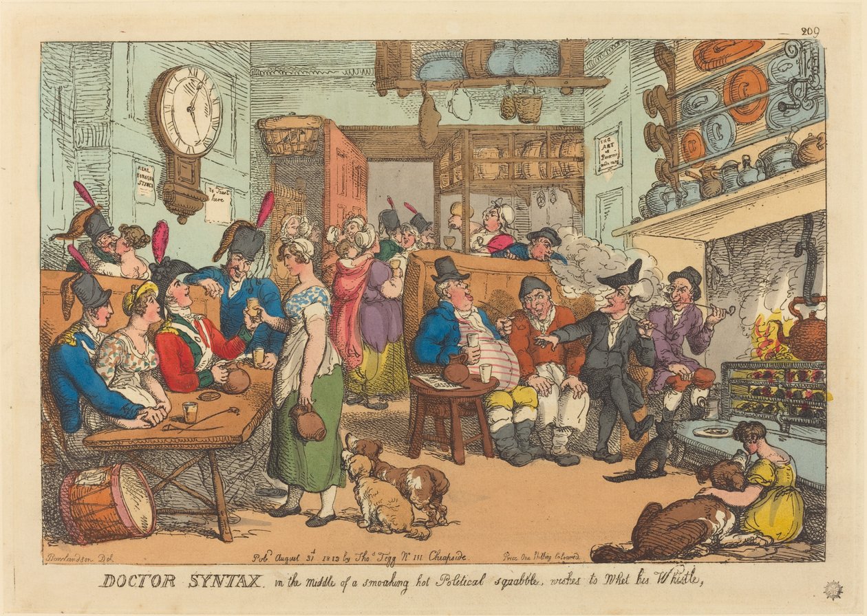 Tohtori Syntaksi, keskellä poliittista kiistaa, haluaa kastella hälinäänsä tekijältä Thomas Rowlandson