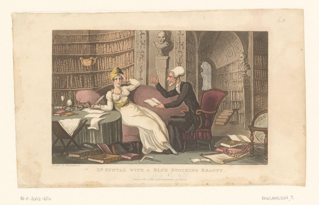 Tohtori Syntax ja nainen kirjastossa tekijältä Thomas Rowlandson