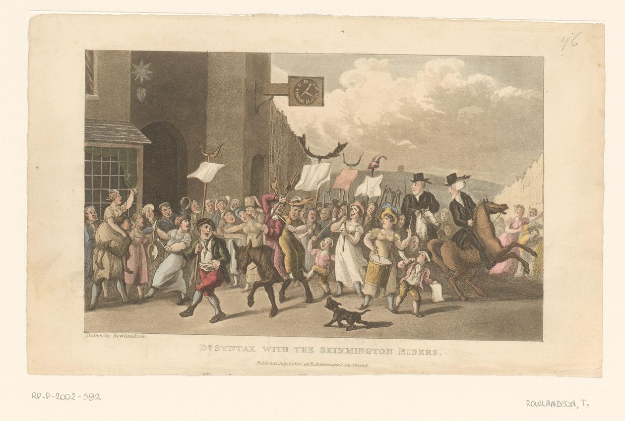 Tohtori Syntax ratsastaa hevosellaan mukana charivari-kulkueessa tekijältä Thomas Rowlandson